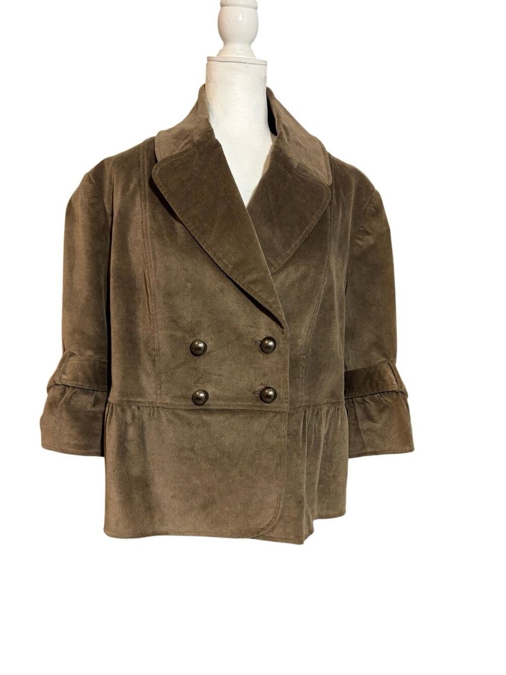J.Marco double breasted brown velvet jacket with 3/4 bell sleeves and peplum cut